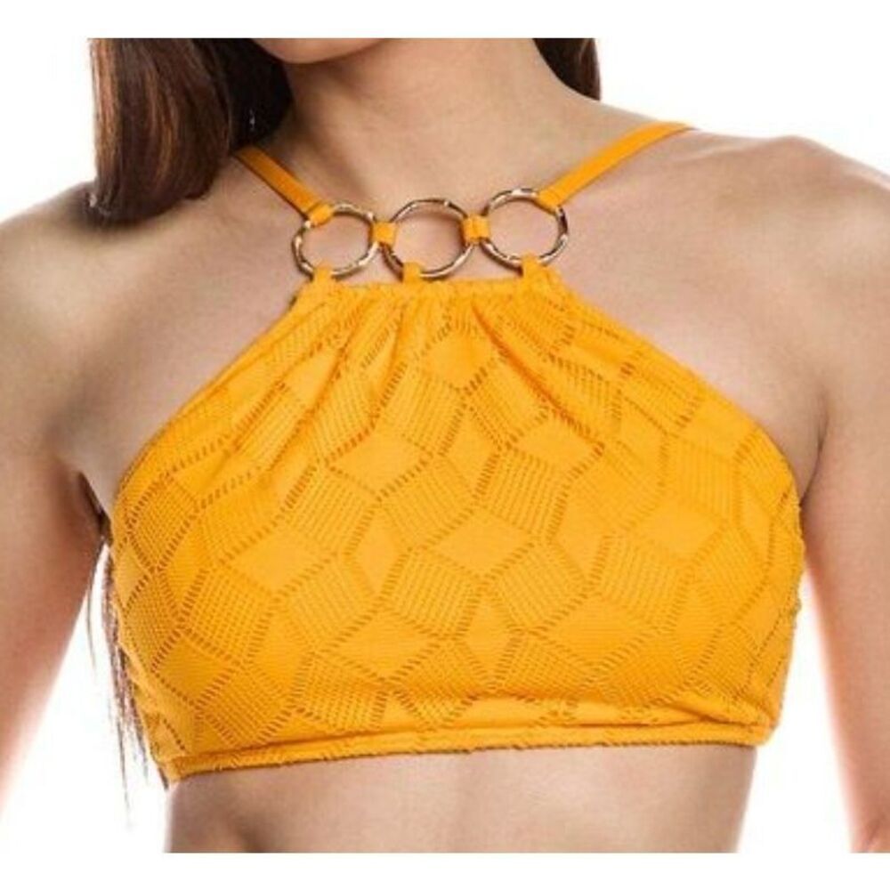 Vince Camuto Women Orange Crochet High-Neck Ring Bikini Top Swimwear Size XS $98